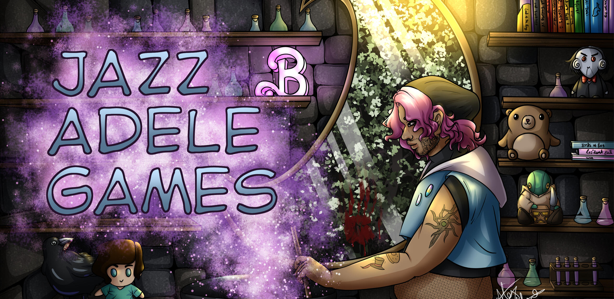 JazzAdeleGames Banner. Banner by Teal_Pixels. Jazz brewing at a cauldron, pink smoke bubbling out into words "JazzAdeleGames". A bloody handprint on a moon shaped window. Several vials, plushies & books around. A crow w/ a human finger in its beak next to a Teal shaped plushie.