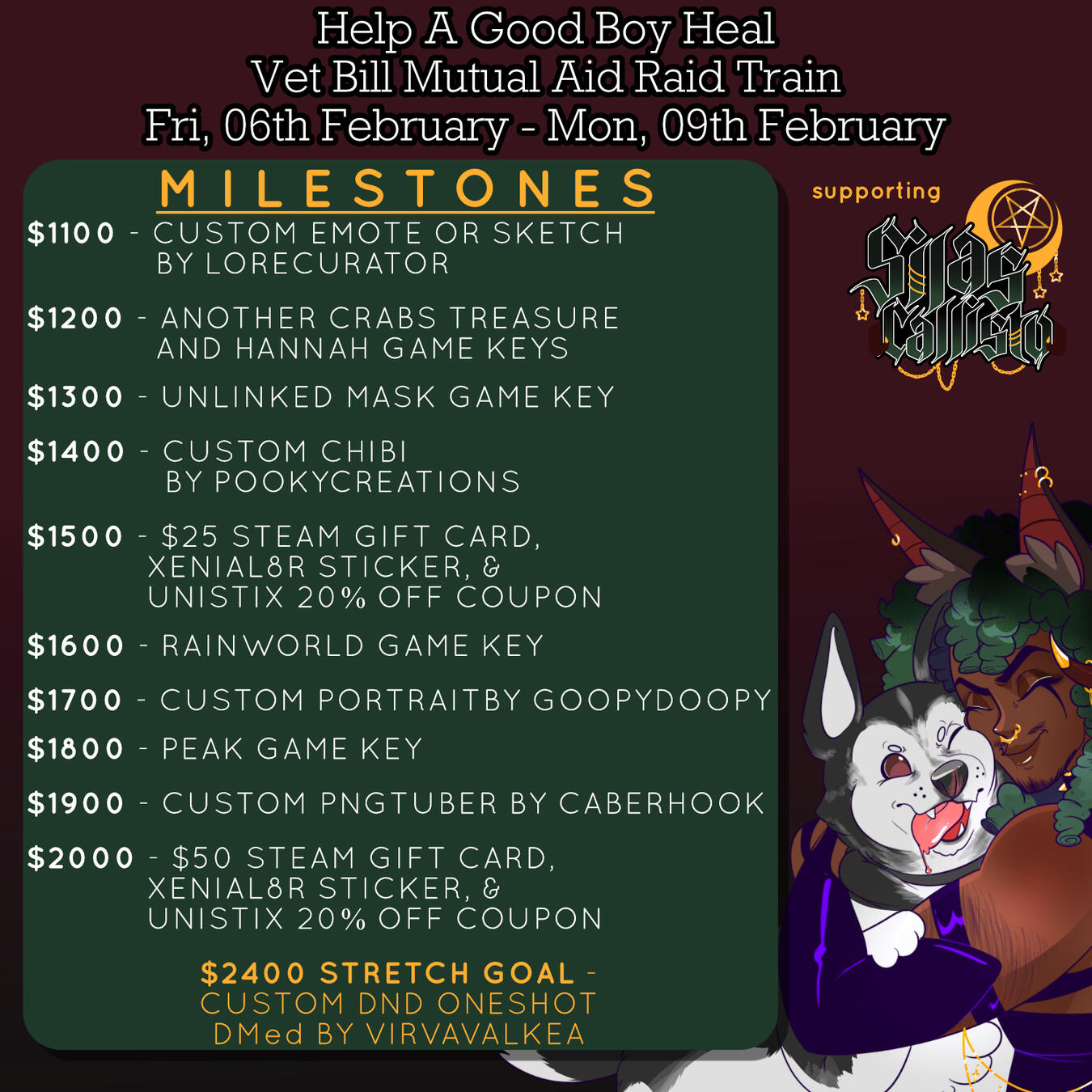 $1.1K Emote or Sketch; $1.2K Another crabs treasure & Hannah; $1.3K Unlinked Mask; $1.4K Custom chibi; $1.5K $25 Steam Gift Card, Sticker, & UniStix Coupon; $1.6K rainworld; $1.7K custom portrait; $1.8K peak; $1.9K custom pngtuber; Click for More!