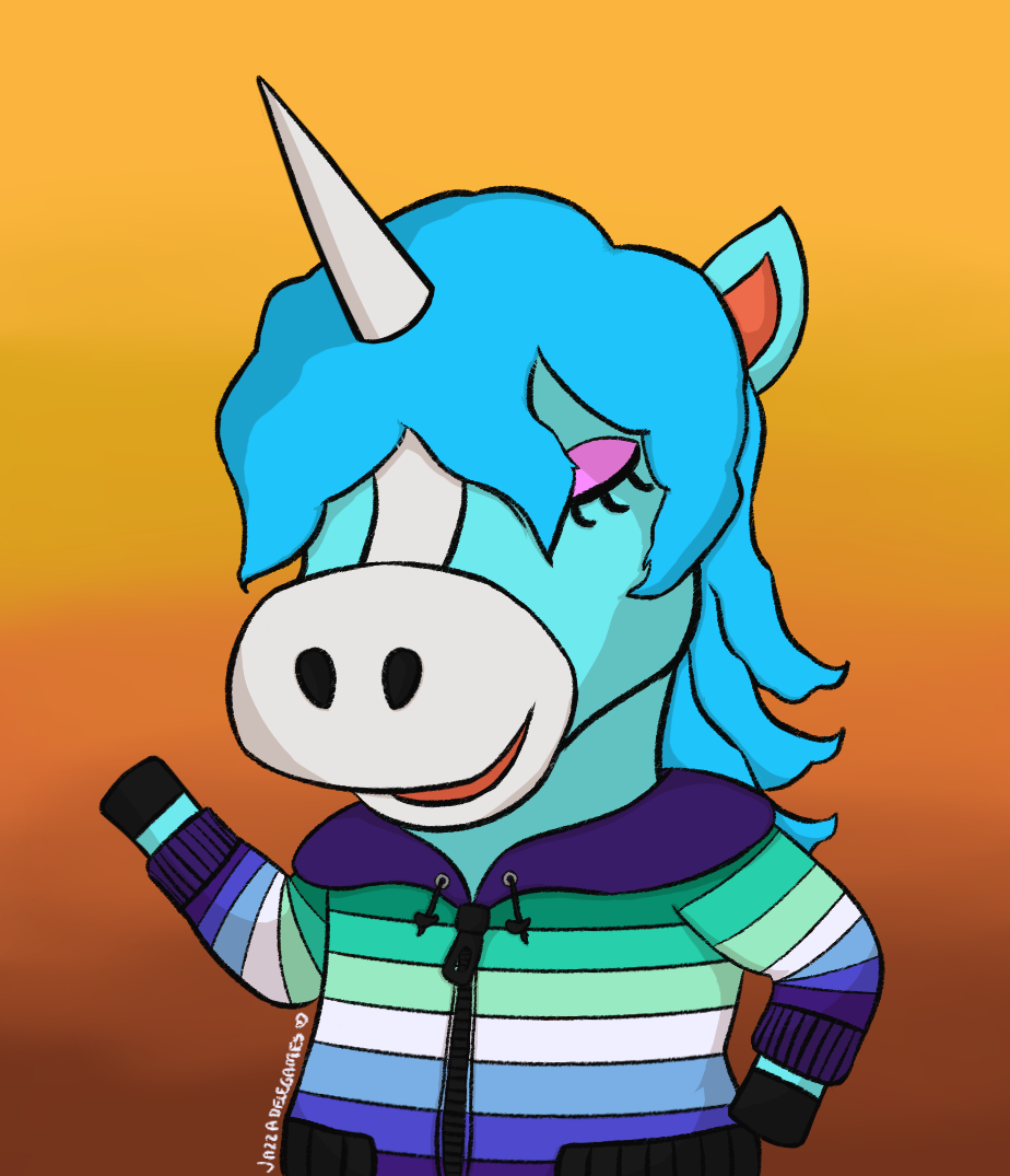 Mutual Aid Incentive, for shiftercodex. A drawing of Julian from Animal Crossing New Horizons wearing an MLM Pride Flag Hoodie! Standing in front of a sunset gradient background.