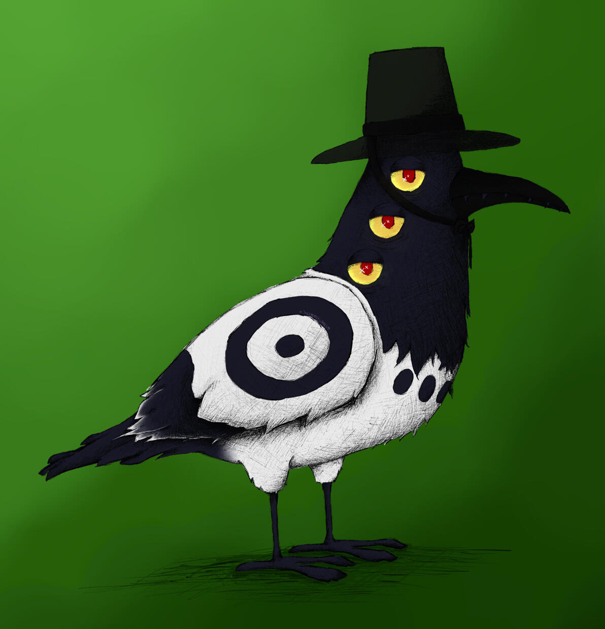 Illustration of the crow from KPOP Demon Hunters! It's stood in front of a plain green background and the art style / shading is sketchy crosshatching. Click for Bsky Post with full ALT Text.