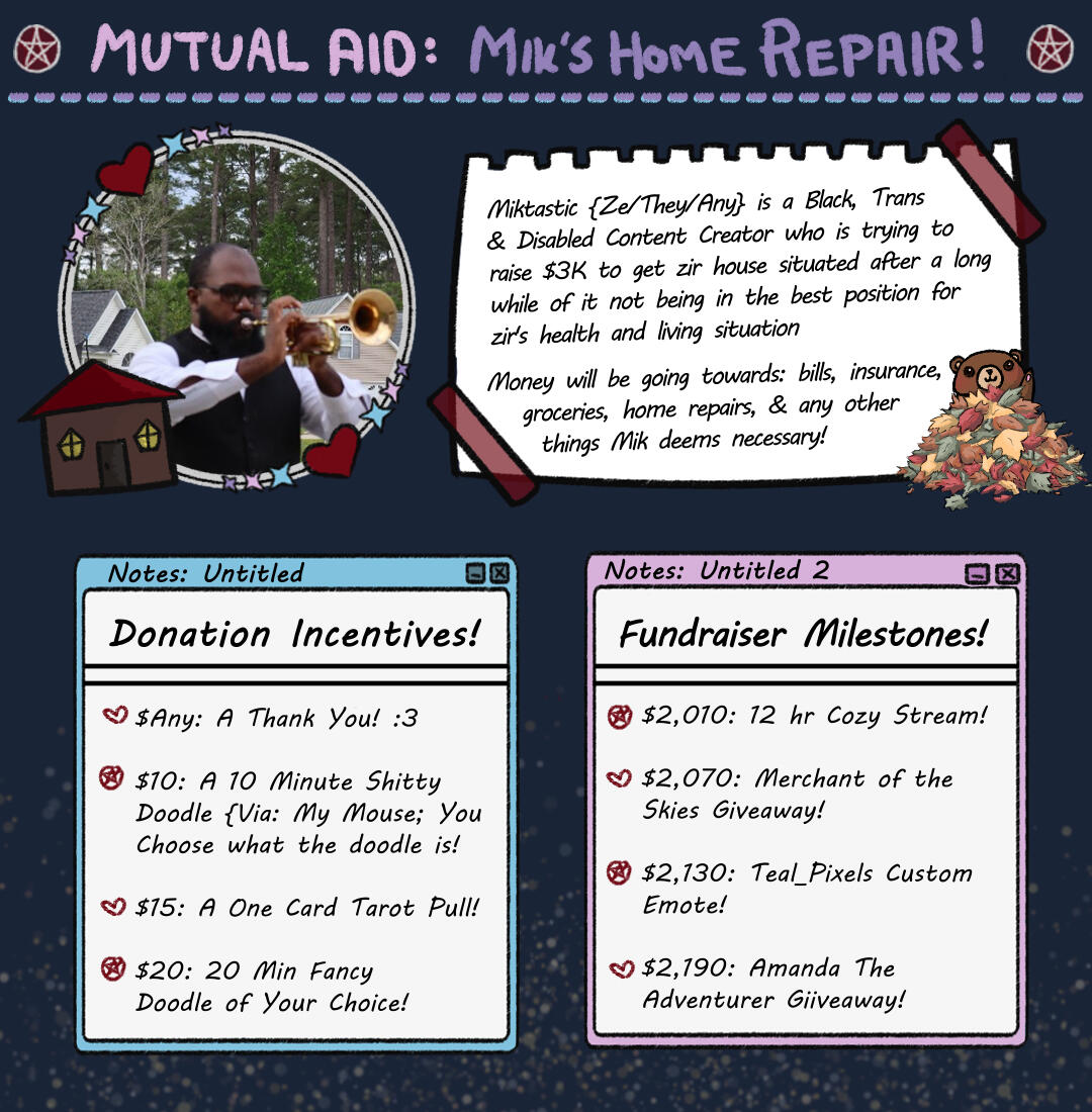 Incentives: $Any: A Thank You! $10: 10 Min Shitty Doodle. $15: One Card Tarot Pull. $20: 20 Min Fancy Doodle. Milestones: $2,010: 12 Hr Cozy Stream. $2,070: Merchant of The Skies Giveaway. $2,130: Teal_Pixels Custom Emote. $2,190: Amanda The Adventurer Key