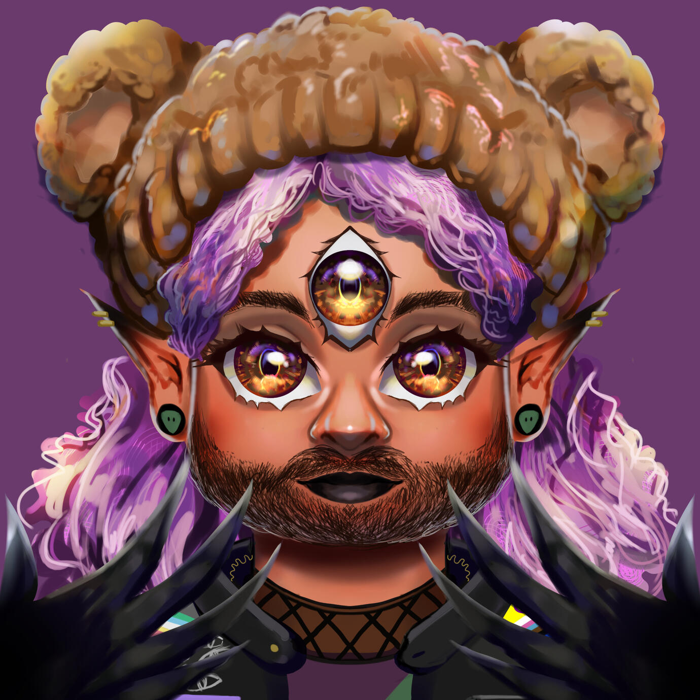 JazzAdeleGames Pfp. A rendered portrait of Jazz by GoopyDoopyArt. Jazz is a light skinned, fat, Arab, Disabled Trans Man & eldritch being w long pink curls. He has a third eye, pointed ears, a beard & a bear beanie. He's flashing his black claw like hands & smiling cutely.