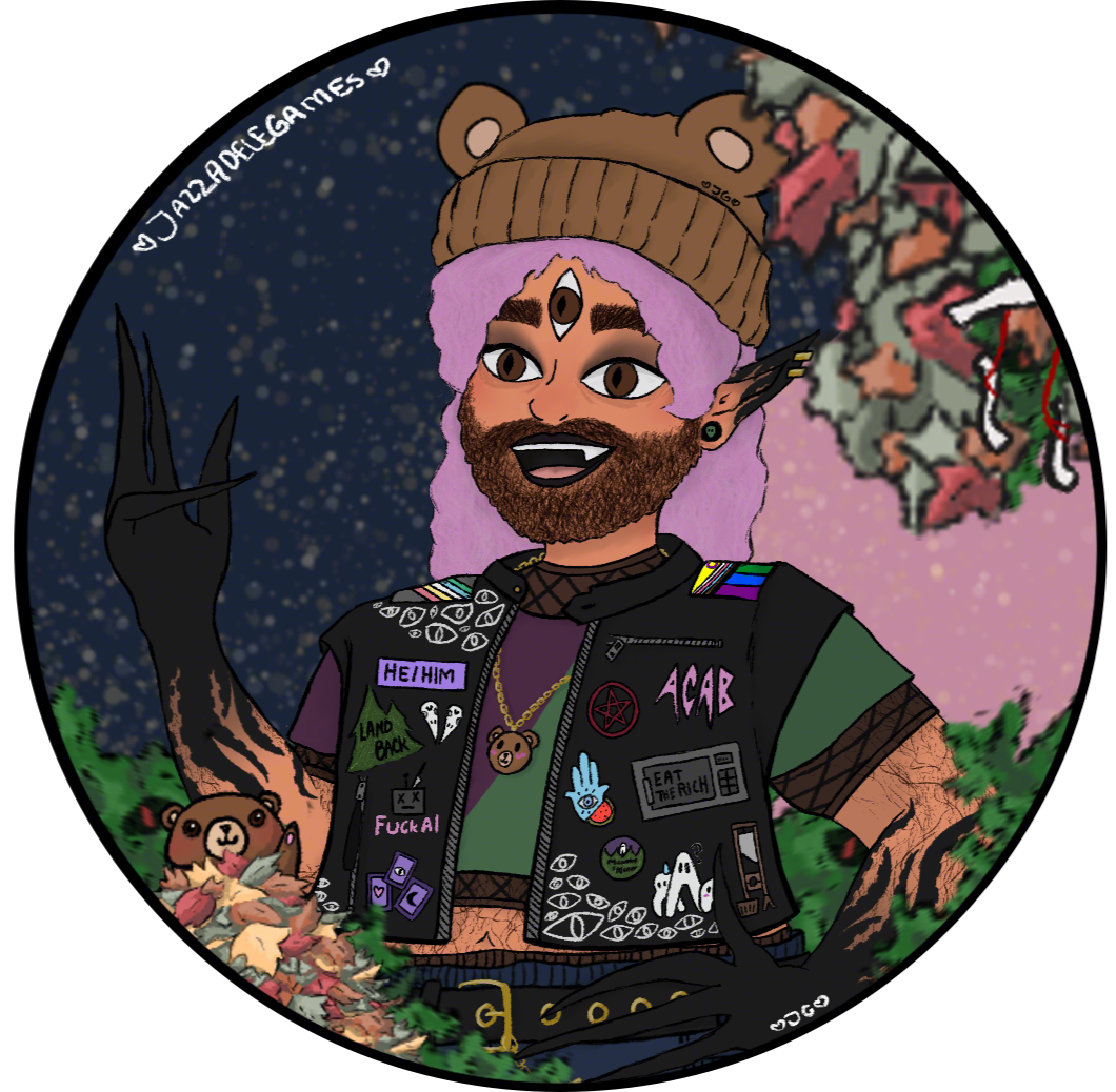 JazzAdeleGames Pfp. Jazz's PNGtuber. A 26 yo, light skinned brown Arab, fat, bearded transman, w a third eye on his forehead & black tentacle designs up his arm, waving. Wearing a fishnet shirt, a crop top, a punk pleather jacket w social issue badges on it & a bear beanie!
