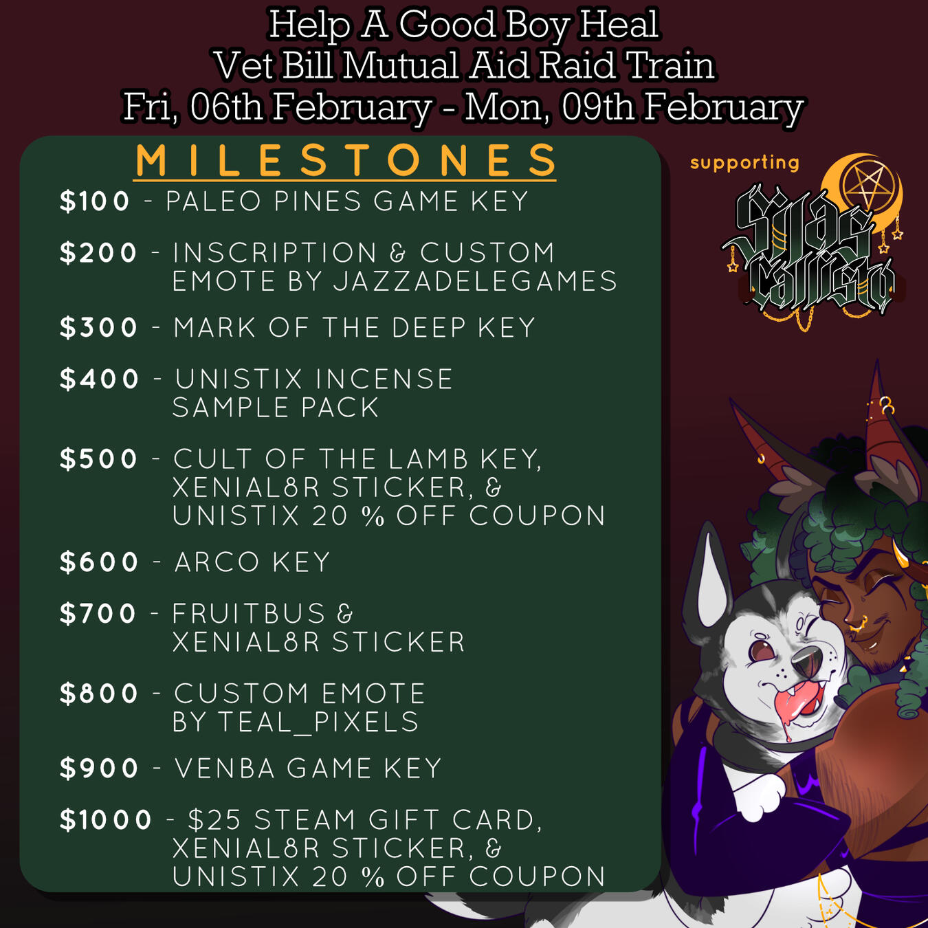 $100 Paleo Pines; $200 Inscription & Emote; $300 Mark of the Deep; $400 UniStix Incense; $500 Cult of the Lamb, Sticker, & UniStix Coupon; $600 Arco; $700 Fruitbus & Sticker; $800 Emote; $900 Venba; Click for More!