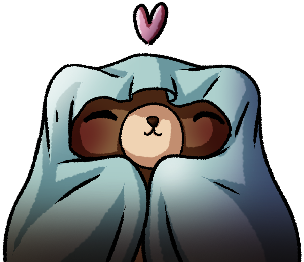 Miktastic Mutual Aid Image. An illustrated emote of Jazz's mascot: Jeffrey! He is a little brown bear with cute blushing cheeks and a pink heart on its belly. This emote shows him huddled under a blue blanket, smiling, with a pink heart floating above his head!