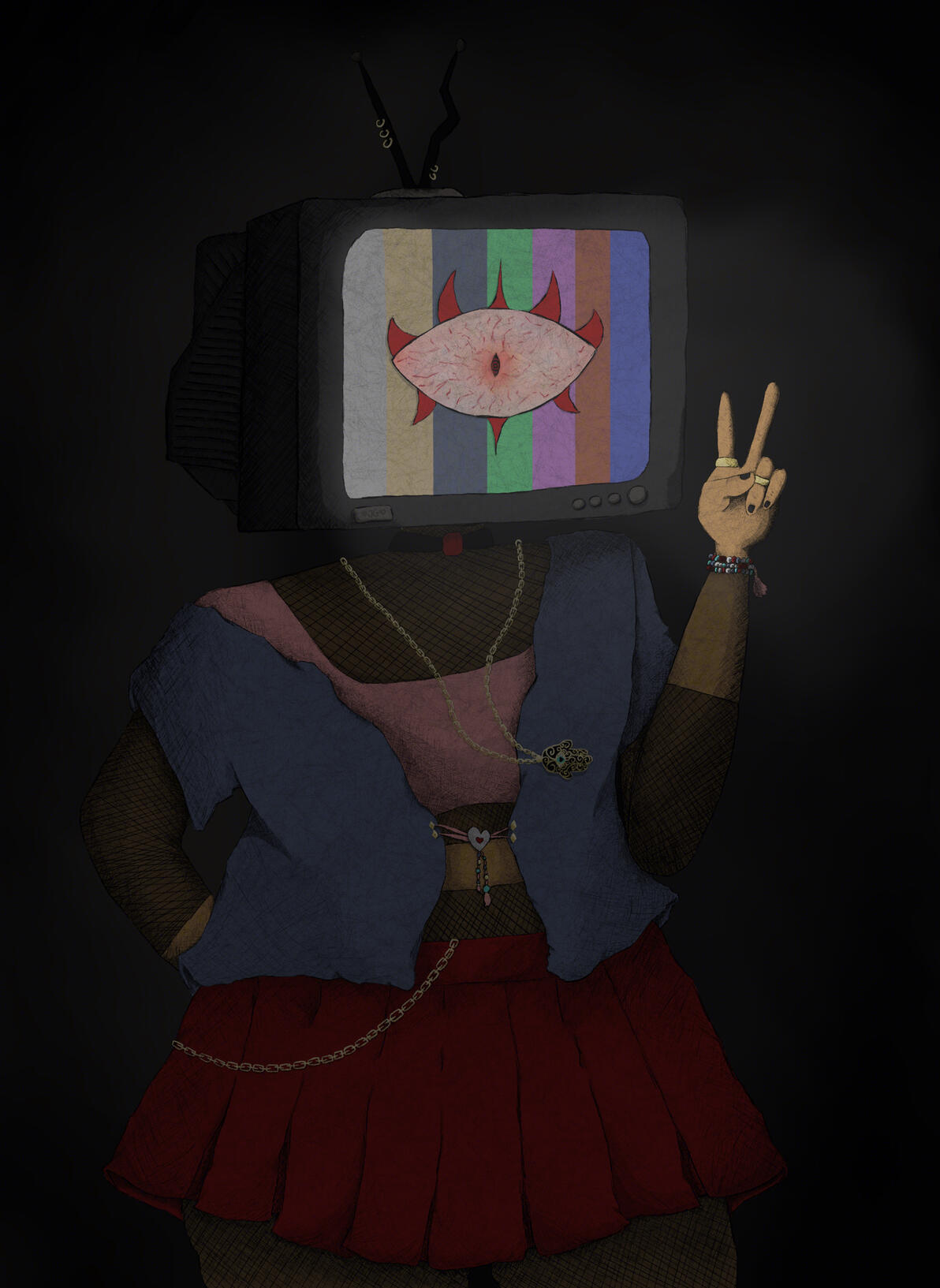 A drawing of a Plus sized, Arab character with a CRT styled TV for their head. They're in a dark void with only the light from their TV screen lighting the area around them. Sketchy & crosshatching style, click for full ALT Text on Bluesky.