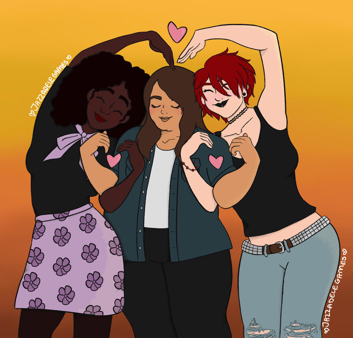 Fan Art of Devils Liminals Protagonists. An illustrated piece of fanart of the main characters from Devils Liminal joining arms to make 3 heart shapes {which have pink floating hearts within each of them}. Clara is on the left, Margo is in the middle & Bec is on the right.