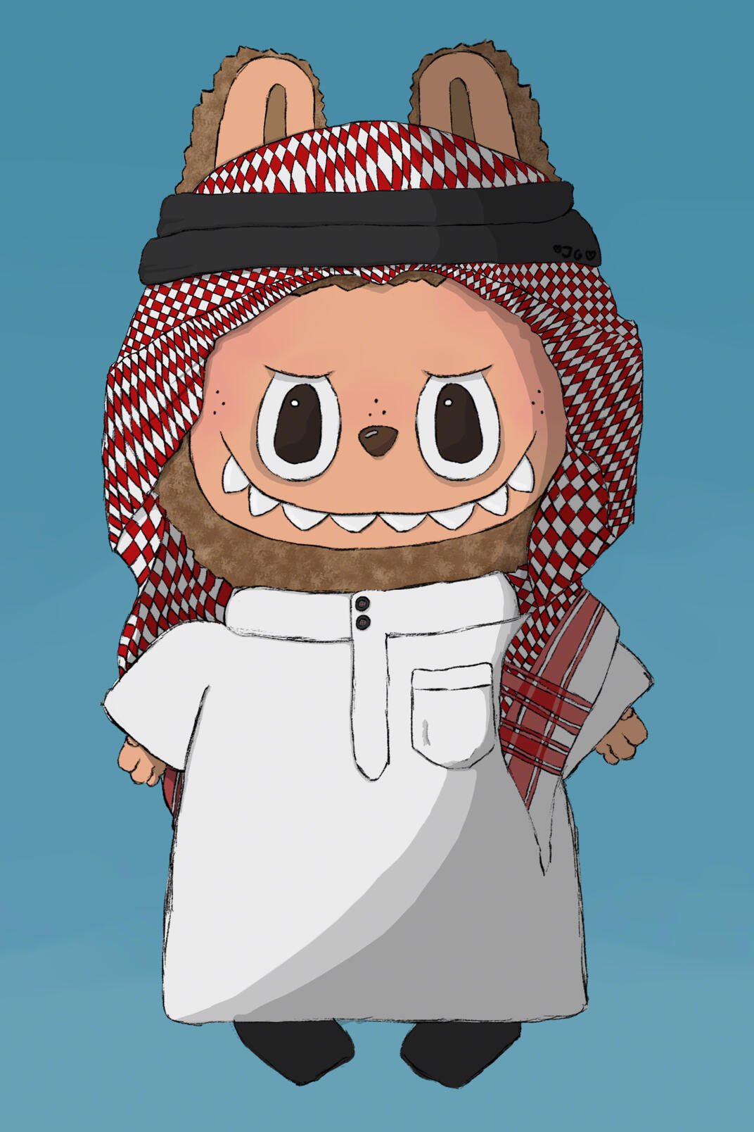 Habibaboo OC. Illustration of a Labubu wearing traditional masculine Saudi clothing. Click Image for Bsky Post with full ALT Text.
