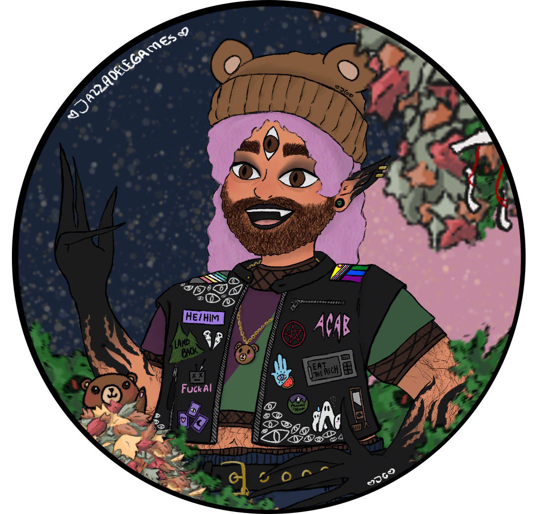 Jazz's PNGtuber. A 26 yo, light skinned brown Arab, fat, bearded transman, w a third eye on his forehead & black tentacle designs up his arm, waving. Wearing a fishnet shirt, a crop top, a punk pleather jacket w social issue badges on it & a bear beanie!